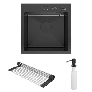 Кухонная мойка Roxen Simple 560220-45B PVD (оружейная сталь) с ролл-матом, дозатором и смесителем Shevanik S263T с выдвижным изливом, 45х45, оружейная сталь