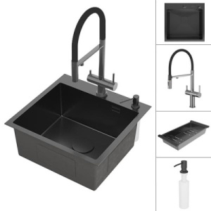 Кухонная мойка Roxen Simple PVD (оружейная сталь) с коландером, дозатором и смесителем Rose R458T, 50х48, оружейная сталь