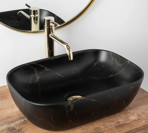 Умывальник Rea Belinda Black Marble матовый / глянцевый, 47х34, черный матовый