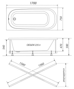 Гидромассажная ванна Triton Дина релакс Flat, 170х75