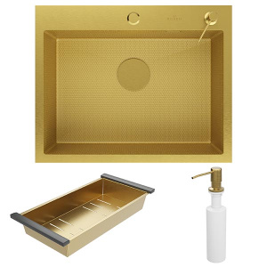 Кухонная мойка Roxen Snake 60 PVD (gold) с коландером и дозатором (износостойкое покрытие), 60х48/брашированное золото