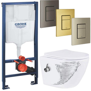 Комплект инсталляции Grohe Rapid SL 38772001 с брашированной кнопкой и подвесным унитазом Roxen Antares Bidet Tornado 530185-01XT, золото брашированное