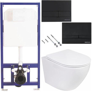 Комплект инсталляции Berges Novum 525 c черной кнопкой и унитазом Roxen Antares 530185-01 Rimless Soft Close, F5, черный матовый