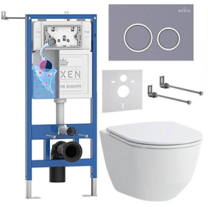 Комплект инсталляции Roxen StounFix Dual Fresh с удлиненными креплениями, аромадозатором, кнопкой смыва в цвете серый бетон и унитазом Laufen Pro Rimless, круглые клавиши
