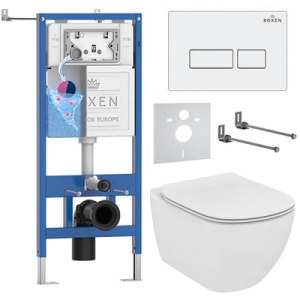 Комплект инсталляции Roxen StounFix Dual Fresh с удлиненными креплениями, аромадозатором, кнопкой смыва Caspia 410280 и унитазом Ideal Standard Tesi Aquablade T007901, белый глянец