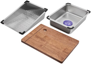Кухонная мойка Arfeka Eco AR 68 Satin со смесителем, ринзером, двумя коландерами, разделочной доской и дозатором