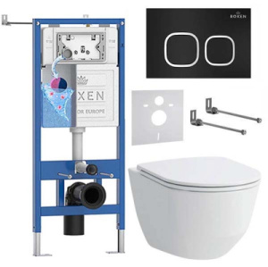 Комплект инсталляции Roxen StounFix Dual Fresh с удлиненными креплениями, аромадозатором, кнопкой смыва Santi 410280 и унитазом Laufen Pro Rimless, черный матовый