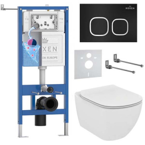 Комплект инсталляции Roxen StounFix Dual Fresh с удлиненными креплениями, аромадозатором, кнопкой Santi 410280 и унитазом Ideal Standard Tesi Aquablade T007901, черный матовый