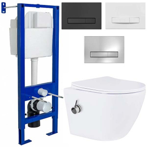 Комплект инсталляции Berges Аtom Line 410 c кнопкой и унитазом Roxen Antares Bidet 530185-01X с функцией биде, хром