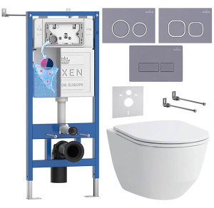 Комплект инсталляции Roxen StounFix Dual Fresh с удлиненными креплениями, аромадозатором, кнопкой смыва в цвете серый бетон и унитазом Laufen Pro Rimless, круглые клавиши