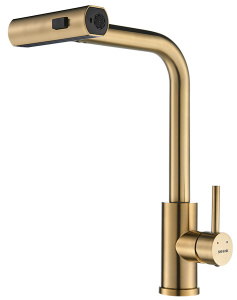 Кухонная мойка Roxen Simple 560220-60G PVD (gold) с коландером, дозатором и смесителем Shevanik S263G с выдвижным изливом, 60х48, золото