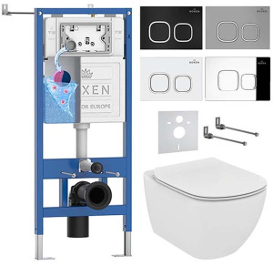 Комплект инсталляции Roxen StounFix Dual Fresh с удлиненными креплениями, аромадозатором, кнопкой Santi 410280 и унитазом Ideal Standard Tesi Aquablade T007901, черный матовый