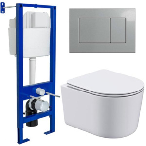 Комплект инсталляции Berges Аtom 410 c кнопкой и унитазом Roxen Simple Compact 530120-01, сатин (хром матовый)