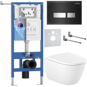 Комплект инсталляции Roxen StounFix Dual Fresh с удлиненными креплениями, аромадозатором, кнопкой смыва Glass 430280 и унитазом Roca Ona Rimless с крышкой Supralit Soft Close, черный