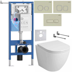 Комплект инсталляции Roxen StounFix Dual Fresh с удлиненными креплениями, аромадозатором, бежевой кнопкой и унитазом Grossman GR-4455S, круглые клавиши