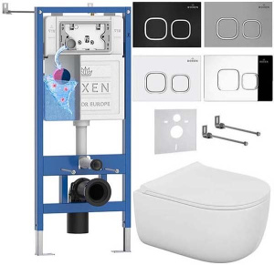Комплект инсталляции Roxen StounFix Dual Fresh с удлиненными креплениями, аромадозатором, кнопкой смыва Santi 410280 и унитазом Bocchi V-Tondo Compacto Rimless, черный матовый