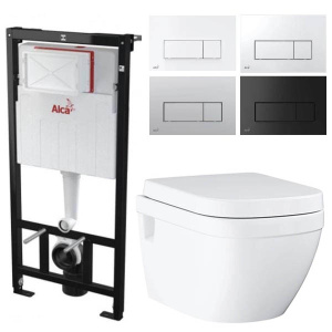 Комплект инсталляции AlcaPlast AM101/1120 Sadromodul с ароматизатором, кнопкой M570 / M571 / M572 / M578 и унитазом Grohe Euro Ceramic 39538000, сатин (хром матовый)