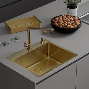 Кухонная мойка Roxen Simple 60 PVD (gold) с коландером и дозатором, 60х48/золото