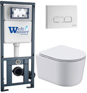 Комплект инсталляции Weltwasser Marberg 410 с кнопкой и подвесным унитазом Roxen Simple Compact 530120-01, белый глянцевый