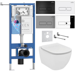 Комплект инсталляции Roxen StounFix Dual Fresh с удлиненными креплениями, аромадозатором, кнопкой смыва Caspia 410280 и унитазом Ideal Standard Tesi Aquablade T007901, белый глянец