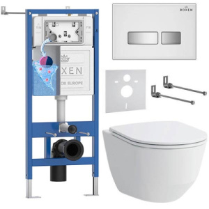 Комплект инсталляции Roxen StounFix Dual Fresh с удлиненными креплениями, аромадозатором, кнопкой смыва Glass 430280 и унитазом Laufen Pro Rimless, белый