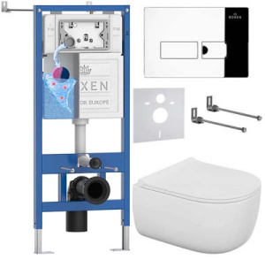 Комплект инсталляции Roxen StounFix Dual Fresh с удлиненными креплениями, аромадозатором, кнопкой смыва Caspia 410280 и унитазом Bocchi V-Tondo Compacto Rimless, хром глянец