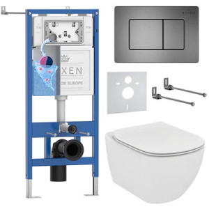 Комплект инсталляции Roxen StounFix Dual Fresh с удлиненными креплениями, аромадозатором, металлической кнопкой Steel и унитазом Ideal Standard Tesi Aquablade T007901, прямоугольные клавиши 420280G