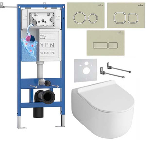 Комплект инсталляции Roxen StounFix Dual Fresh с удлиненными креплениями, аромадозатором, бежевой кнопкой и унитазом Asten Readle Stella Tornado AR1065, клавиши мягкий квадрат