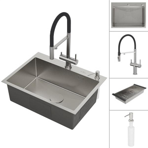 Кухонная мойка Roxen Simple с коландером, дозатором и смесителем Rose R458L, 70х48, сатин