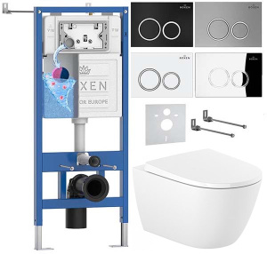 Комплект инсталляции Roxen StounFix Dual Fresh с удлиненными креплениями, аромадозатором, кнопкой смыва Santi 410260 и унитазом Roca Ona Rimless с крышкой Supralit Soft Close, белый глянец