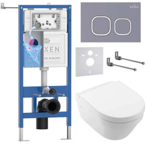 Комплект инсталляции Roxen StounFix Dual Fresh с удлиненными креплениями, аромадозатором, кнопкой смыва в цвете серый бетон и унитазом Villeroy&Boch Architectura 4694HR01, клавиши мягкий квадрат