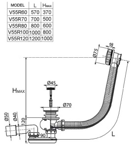 Сифон для ванны Vega V55R 70GM Э МК золото матовое