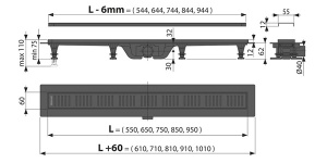 Душевой трап AlcaPlast APZ10 Black 550 / 650 / 750 / 850 / 950, 55 см