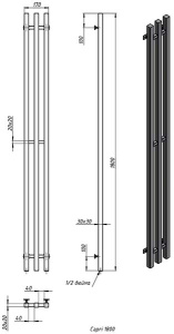 Полотенцесушитель Stinox Design Capri нижнее подключение черный матовый, 17х120 3 секции 1, 2 дюйма