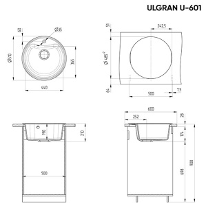 Кухонная мойка Ulgran U-601, 51х51, черный