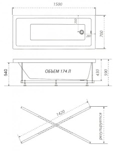 Гидромассажная ванна Triton Аура базовая Flat, 150х70