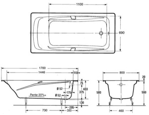 Чугунная ванна Jacob Delafon Repos с отверстиями для ручек, 170х75